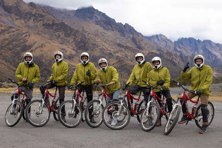 A cycling group at a high Andean pass