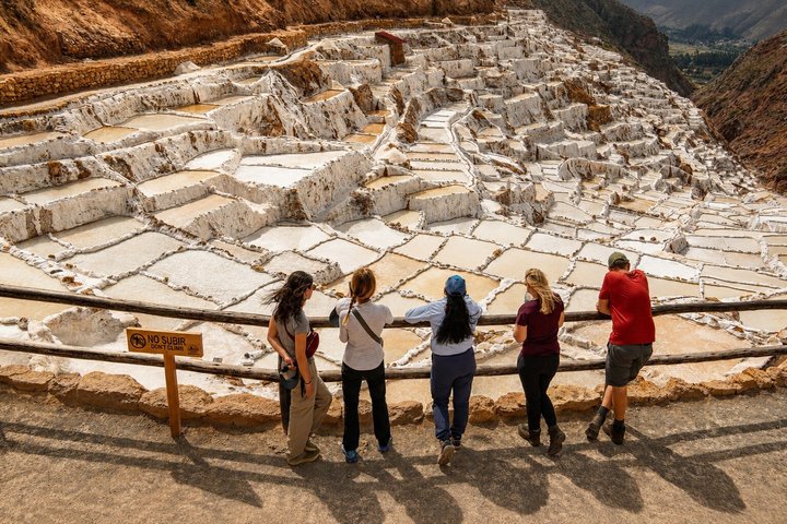 Visitors above the Maras salt pans